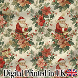 Vintage Santa Claus Holly Floral Christmas Seamless Pattern Digital Print Fabric by the Metre UK Sewing Quilting Textile