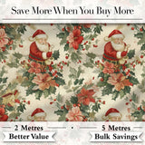 Vintage Santa Claus Holly Floral Christmas Seamless Pattern Digital Print Fabric by the Metre UK Sewing Quilting Textile
