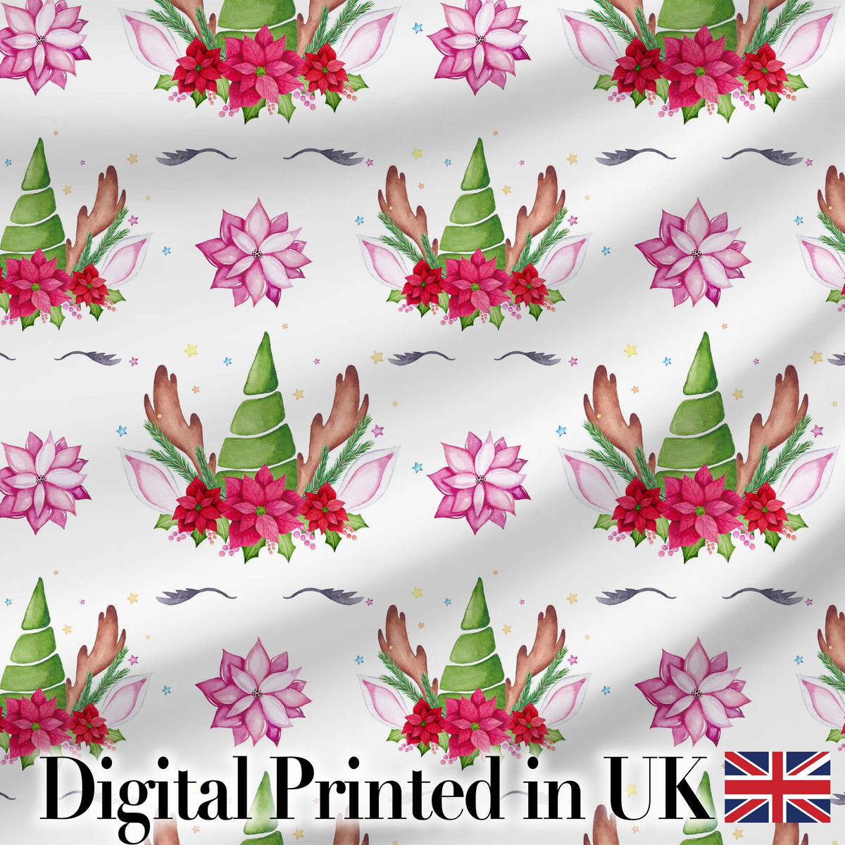 Cute Christmas Unicorn Antlers Floral Fantasy Seamless Pattern Digital Print Fabric by the Metre UK Sewing Quilting Textile