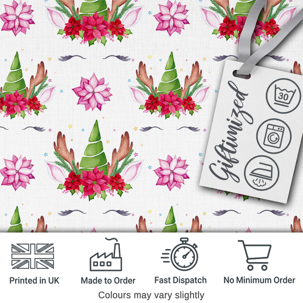 Cute Christmas Unicorn Antlers Floral Fantasy Seamless Pattern Digital Print Fabric by the Metre UK Sewing Quilting Textile