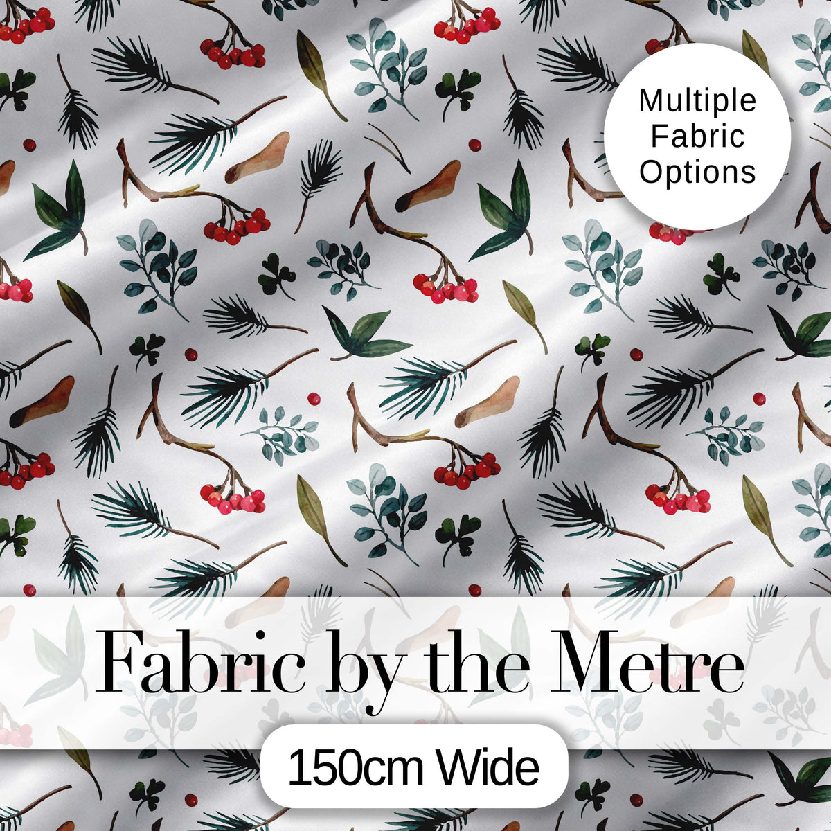 Winter Botanical Pine Branch Berry Nature Seamless Pattern Digital Print Fabric by the Metre UK Sewing Quilting Textile