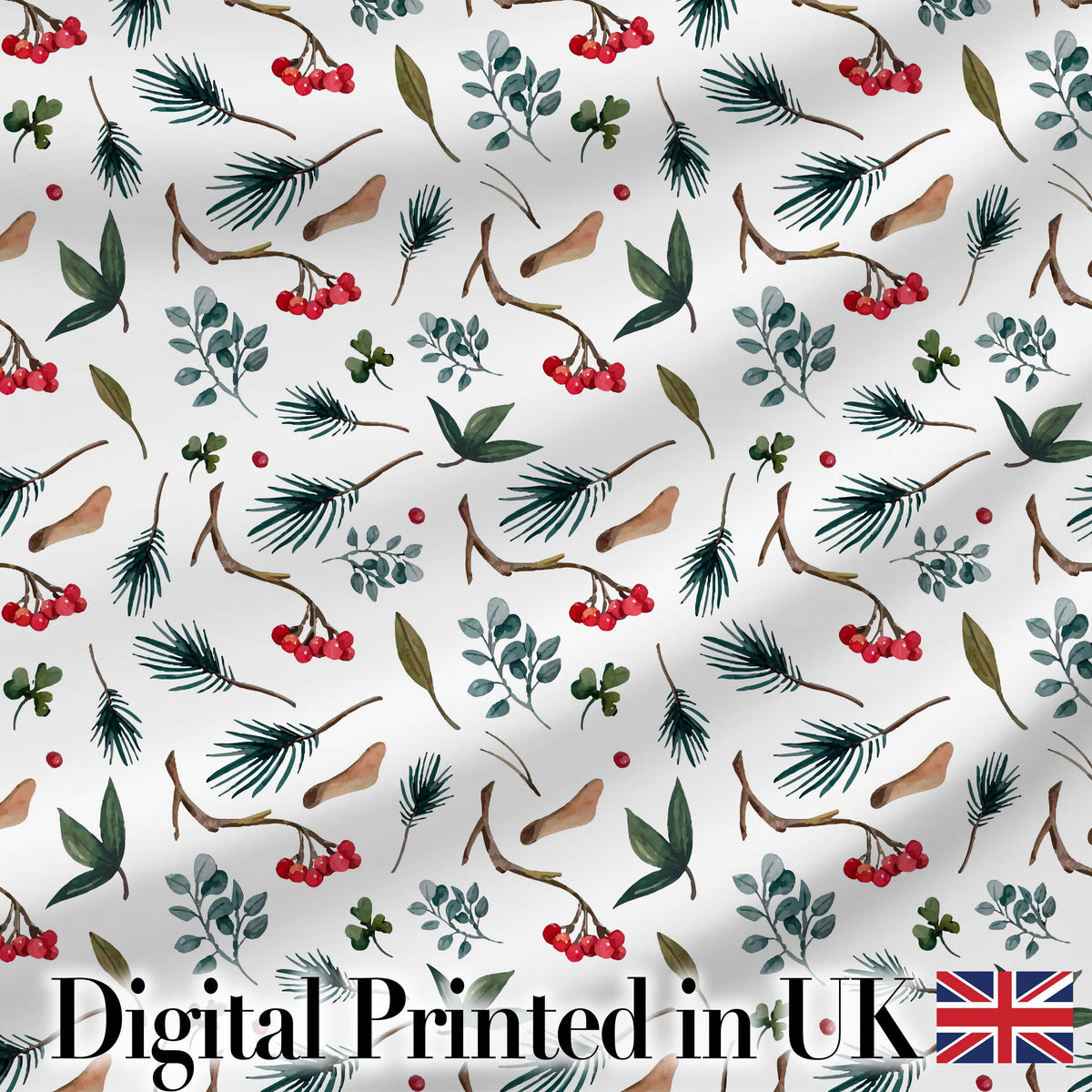 Winter Botanical Pine Branch Berry Nature Seamless Pattern Digital Print Fabric by the Metre UK Sewing Quilting Textile