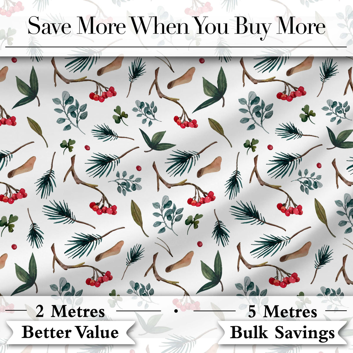 Winter Botanical Pine Branch Berry Nature Seamless Pattern Digital Print Fabric by the Metre UK Sewing Quilting Textile