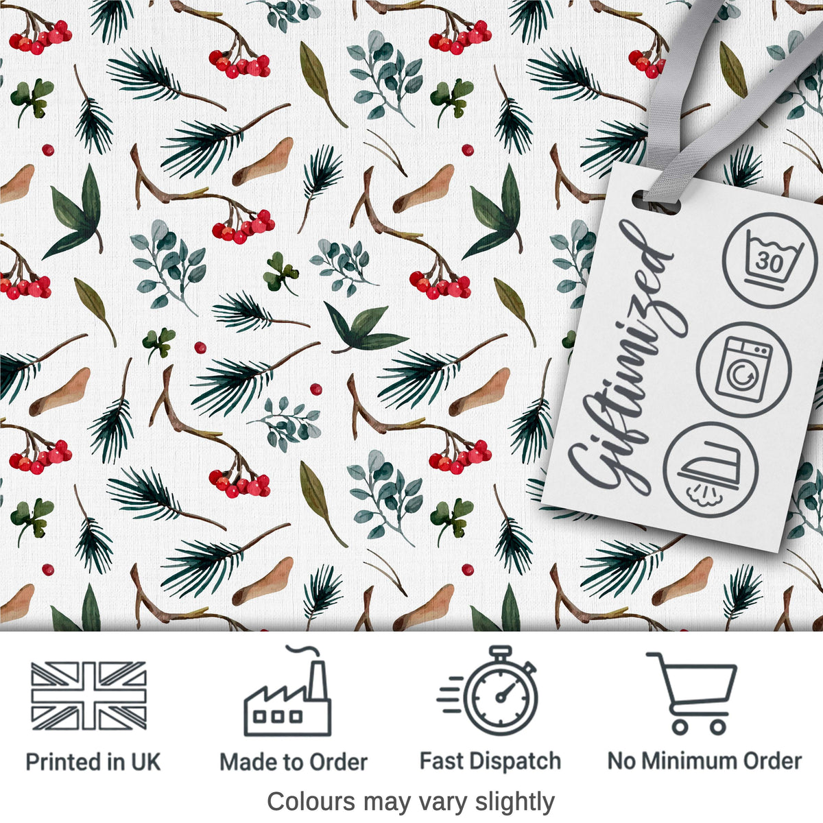 Winter Botanical Pine Branch Berry Nature Seamless Pattern Digital Print Fabric by the Metre UK Sewing Quilting Textile