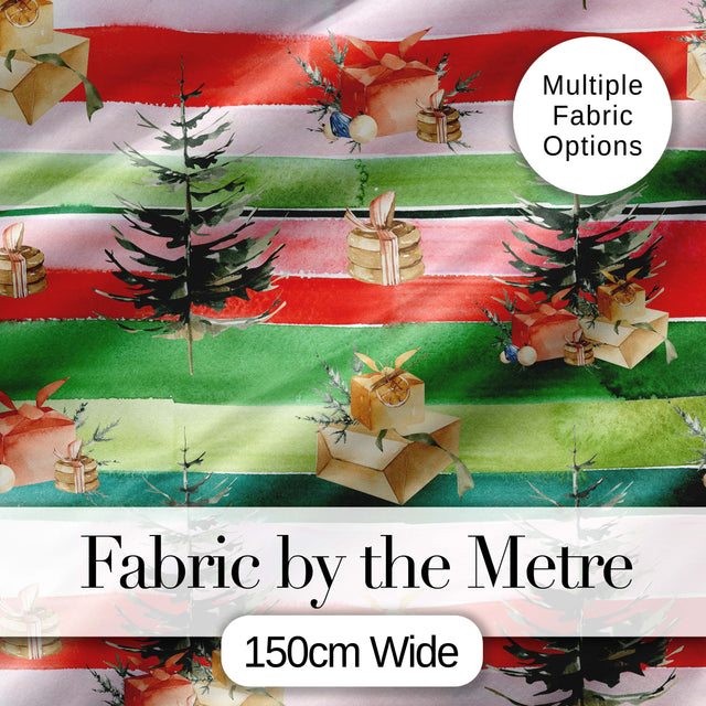 Watercolor Christmas Gift Boxes Pine Trees Striped Holiday Seamless Pattern Digital Print Fabric by the Metre UK Sewing Quilting Textile