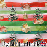 Watercolor Christmas Gift Boxes Pine Trees Striped Holiday Seamless Pattern Digital Print Fabric by the Metre UK Sewing Quilting Textile