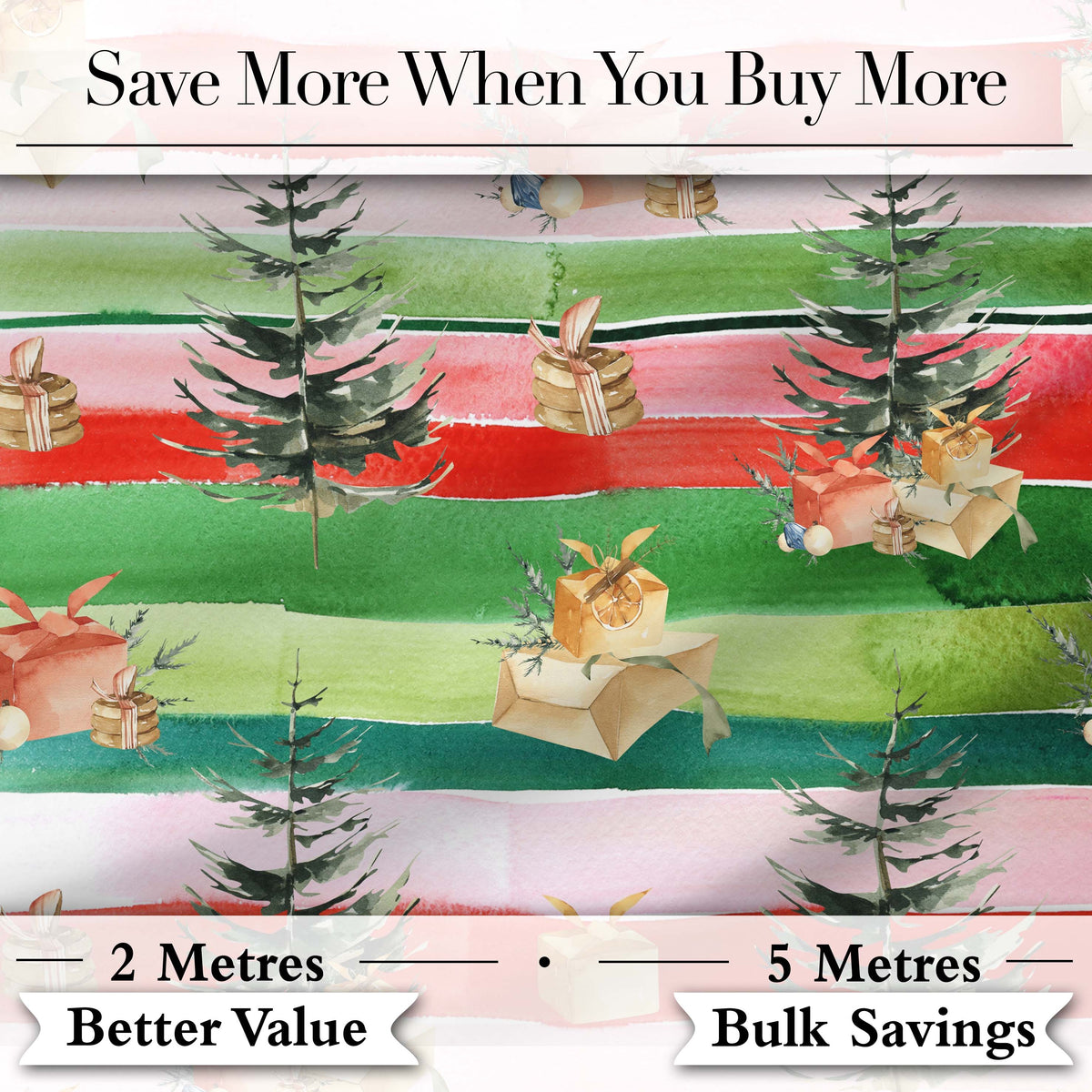 Watercolor Christmas Gift Boxes Pine Trees Striped Holiday Seamless Pattern Digital Print Fabric by the Metre UK Sewing Quilting Textile
