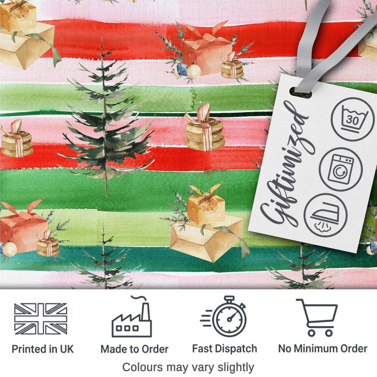 Watercolor Christmas Gift Boxes Pine Trees Striped Holiday Seamless Pattern Digital Print Fabric by the Metre UK Sewing Quilting Textile