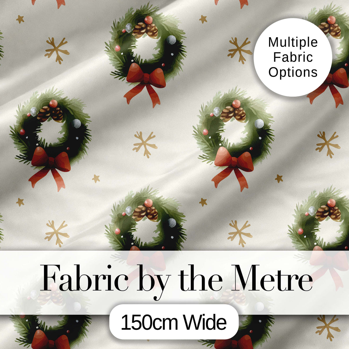 Festive Christmas Wreath Pinecone Ribbon Snowflake Seamless Pattern Digital Print Fabric by the Metre UK Sewing Quilting Textile