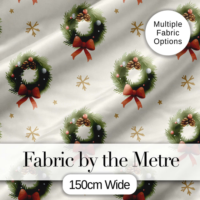 Festive Christmas Wreath Pinecone Ribbon Snowflake Seamless Pattern Digital Print Fabric by the Metre UK Sewing Quilting Textile