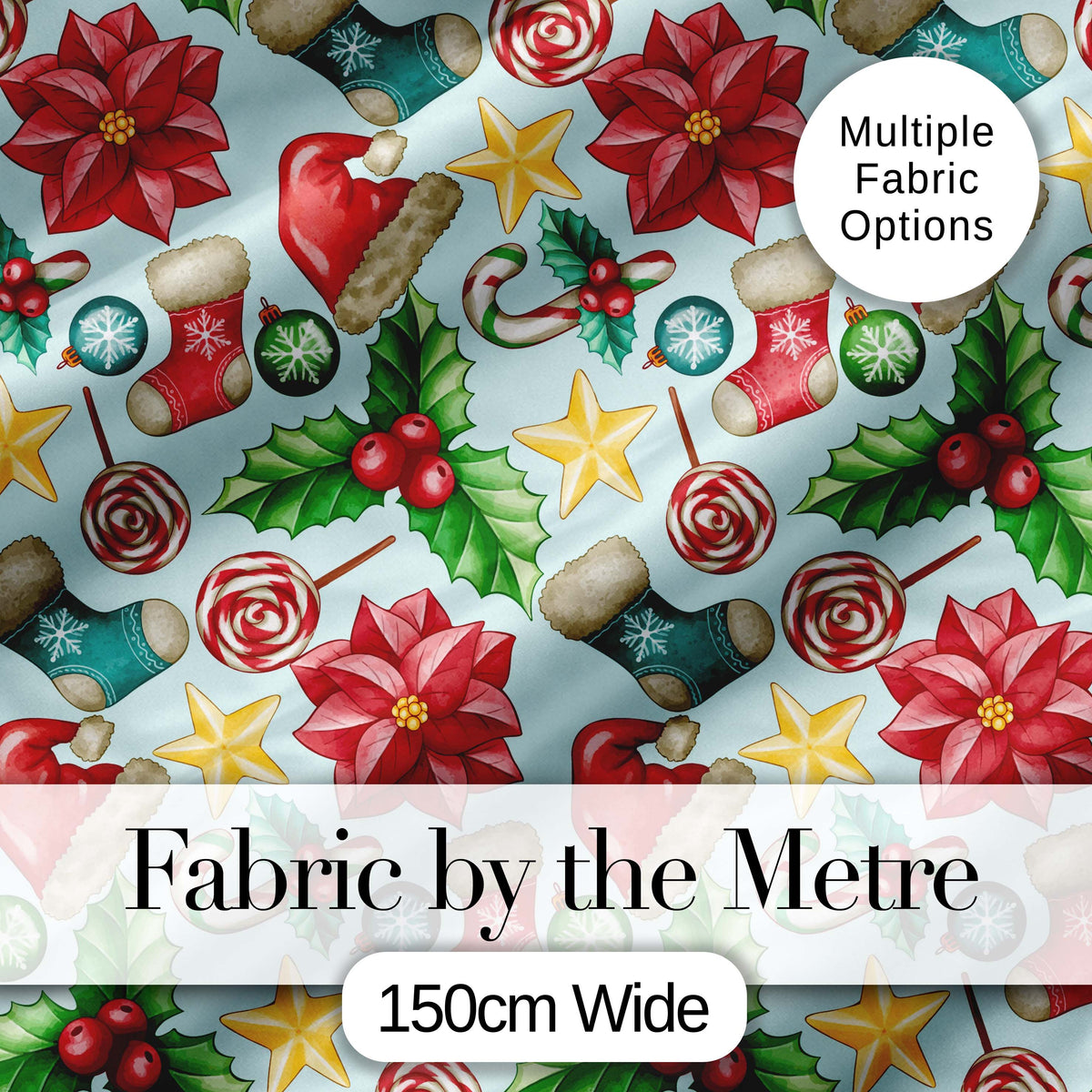 Bright Christmas Poinsettia Candy Cane Holly Festive Seamless Pattern Digital Print Fabric by the Metre UK Sewing Quilting Textile