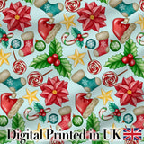 Bright Christmas Poinsettia Candy Cane Holly Festive Seamless Pattern Digital Print Fabric by the Metre UK Sewing Quilting Textile