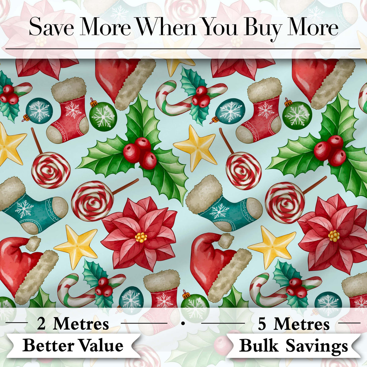 Bright Christmas Poinsettia Candy Cane Holly Festive Seamless Pattern Digital Print Fabric by the Metre UK Sewing Quilting Textile