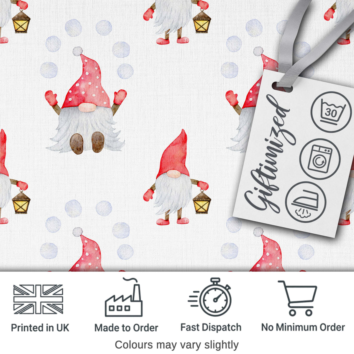 Cute Christmas Gnome Lantern Snow Polka Dot Seamless Pattern Digital Print Fabric by the Metre UK Sewing Quilting Textile