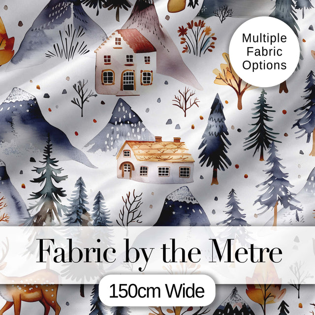 Winter Mountain Cabin Forest Snow Landscape Seamless Pattern Digital Print Fabric by the Metre UK Sewing Quilting Textile
