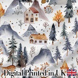 Winter Mountain Cabin Forest Snow Landscape Seamless Pattern Digital Print Fabric by the Metre UK Sewing Quilting Textile