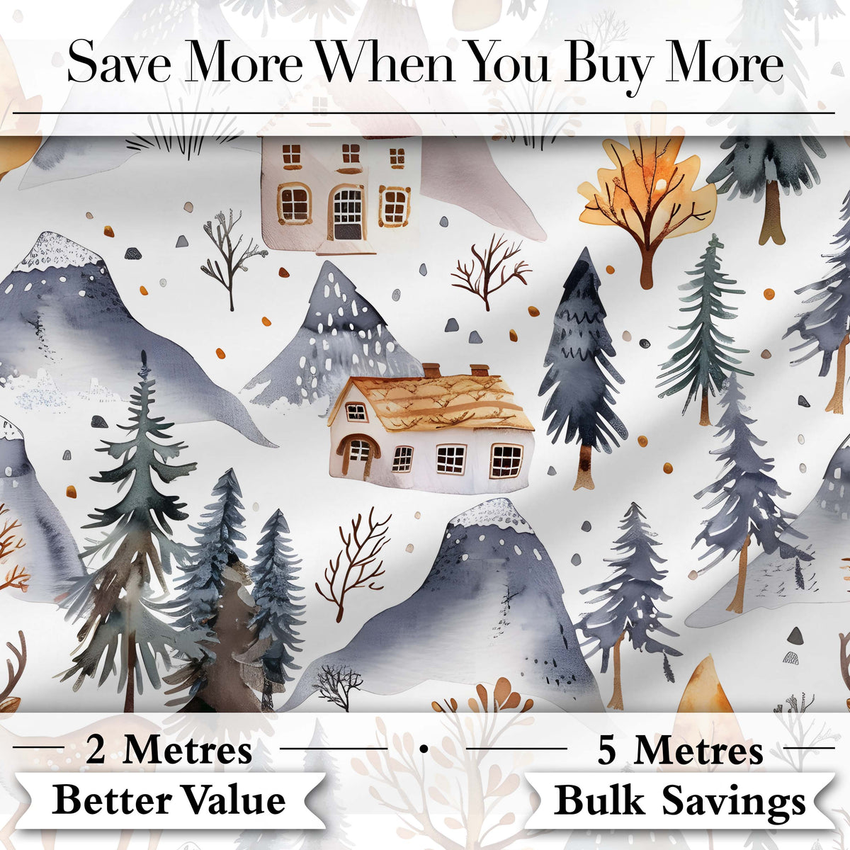 Winter Mountain Cabin Forest Snow Landscape Seamless Pattern Digital Print Fabric by the Metre UK Sewing Quilting Textile