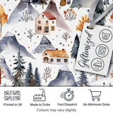 Winter Mountain Cabin Forest Snow Landscape Seamless Pattern Digital Print Fabric by the Metre UK Sewing Quilting Textile