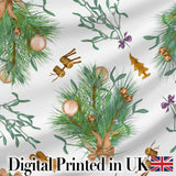 Elegant Christmas Pine Branch Mistletoe Ornament Bells Seamless Pattern Digital Print Fabric by the Metre UK Sewing Quilting Textile