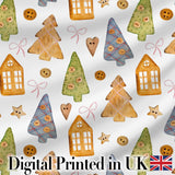 Rustic Wooden Christmas Tree House Button Craft Seamless Pattern Digital Print Fabric by the Metre UK Sewing Quilting Textile