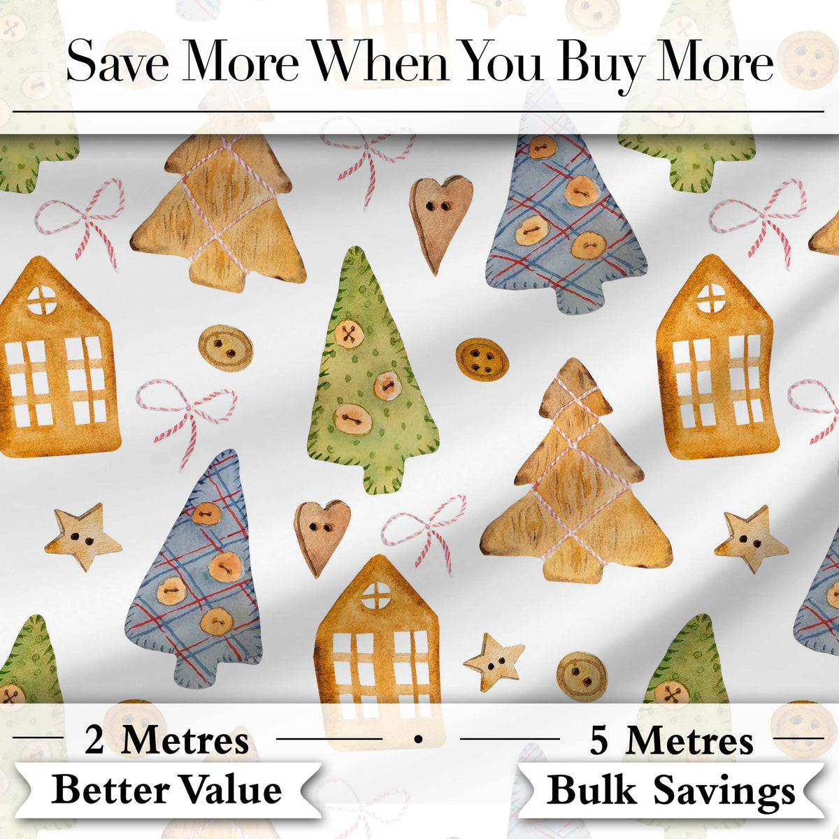 Rustic Wooden Christmas Tree House Button Craft Seamless Pattern Digital Print Fabric by the Metre UK Sewing Quilting Textile