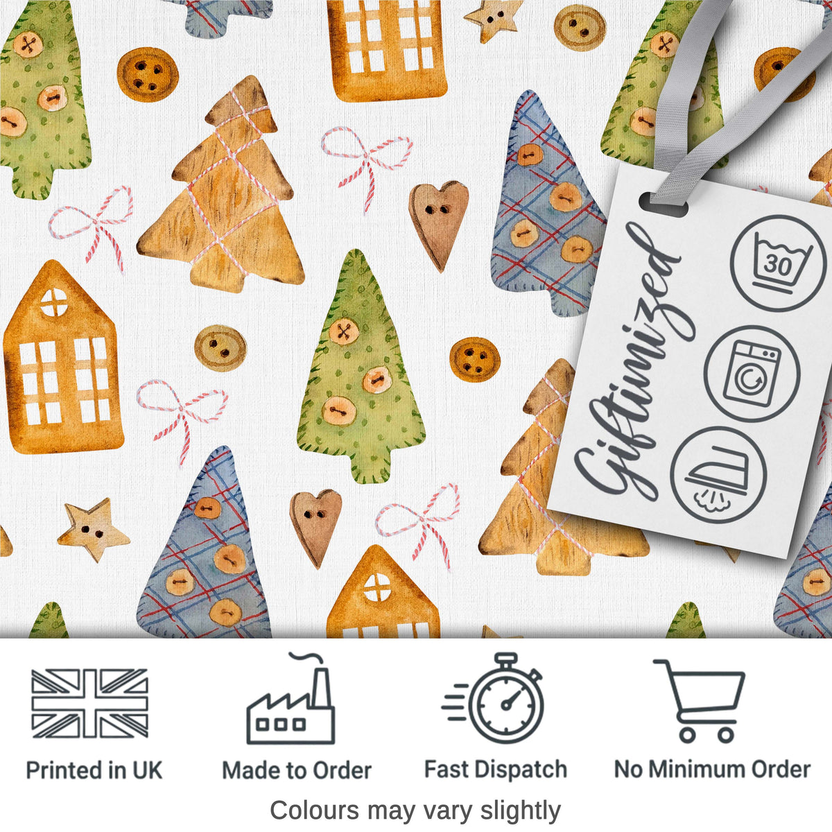 Rustic Wooden Christmas Tree House Button Craft Seamless Pattern Digital Print Fabric by the Metre UK Sewing Quilting Textile