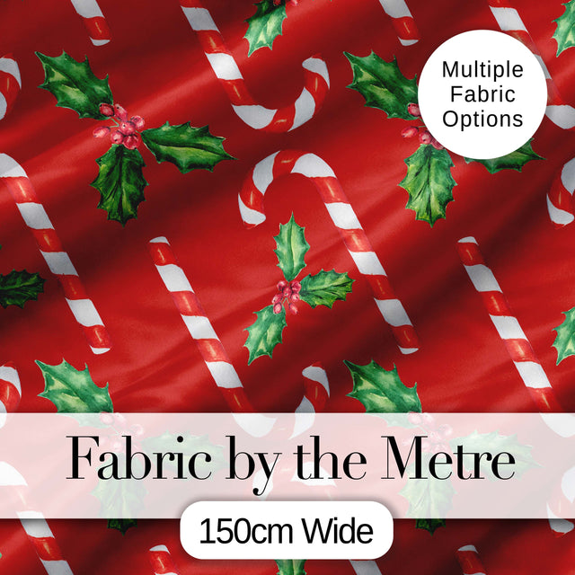 Festive Candy Cane Holly Berry Red Background Seamless Pattern Digital Print Fabric by the Metre UK Sewing Quilting Textile
