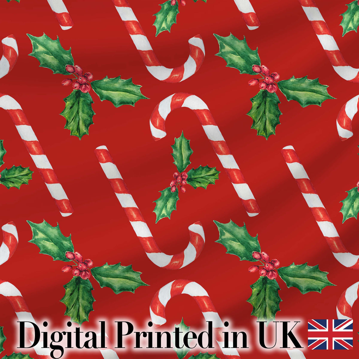 Festive Candy Cane Holly Berry Red Background Seamless Pattern Digital Print Fabric by the Metre UK Sewing Quilting Textile