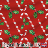 Festive Candy Cane Holly Berry Red Background Seamless Pattern Digital Print Fabric by the Metre UK Sewing Quilting Textile
