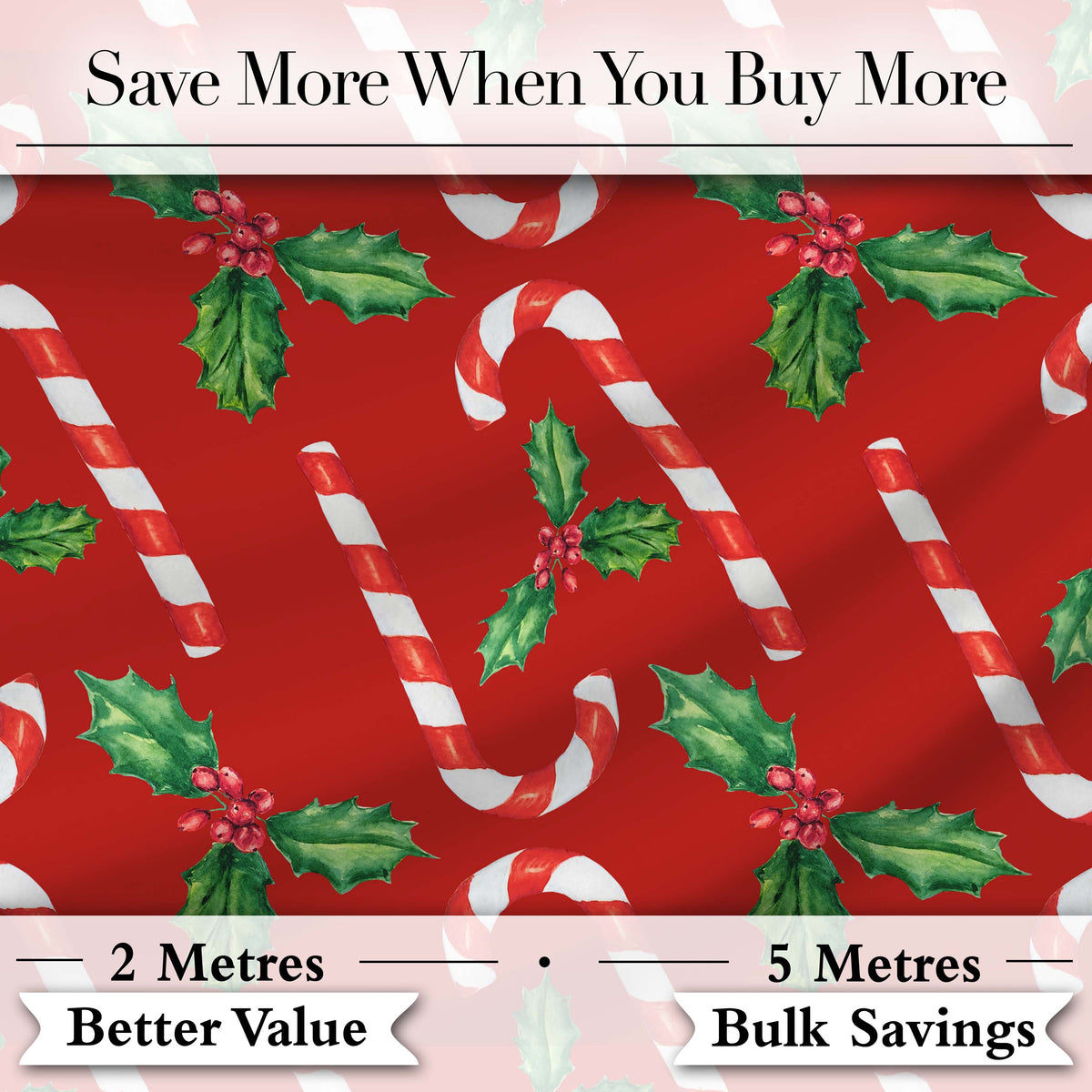 Festive Candy Cane Holly Berry Red Background Seamless Pattern Digital Print Fabric by the Metre UK Sewing Quilting Textile