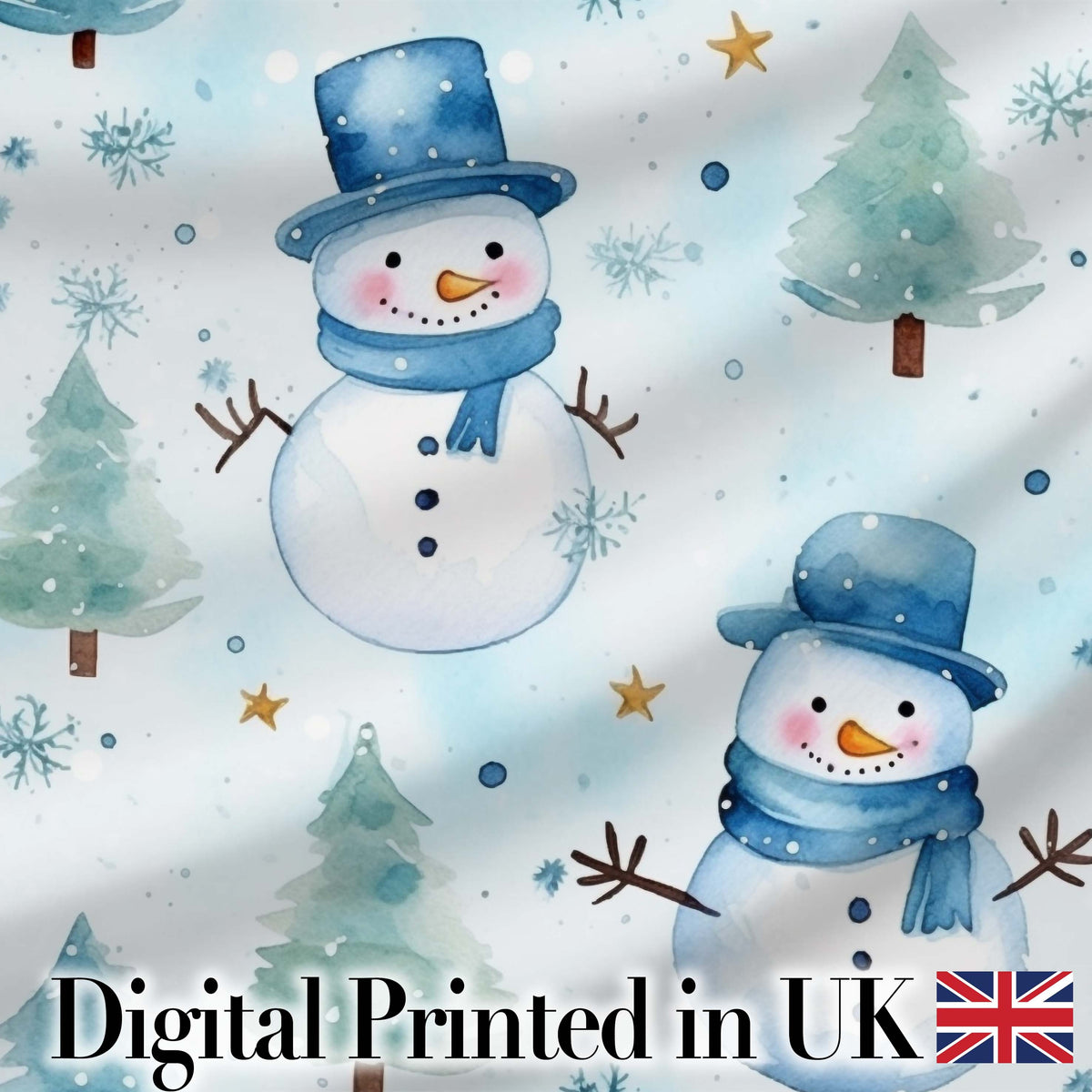Cute Snowman Winter Snowflake Blue Holiday Seamless Pattern Digital Print Fabric by the Metre UK Sewing Quilting Textile