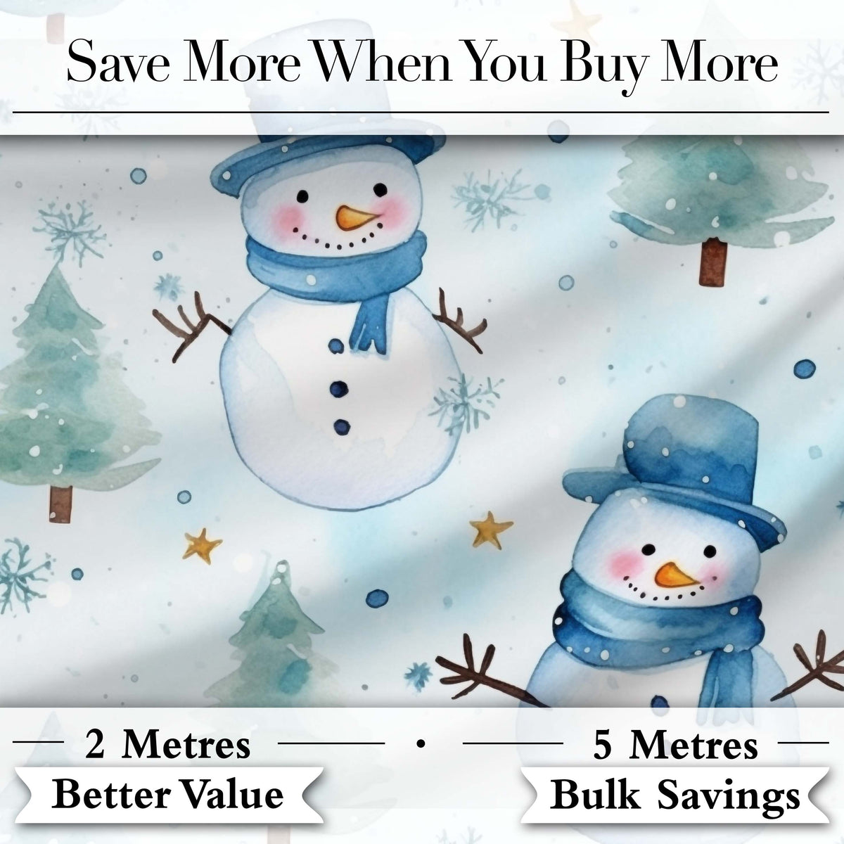 Cute Snowman Winter Snowflake Blue Holiday Seamless Pattern Digital Print Fabric by the Metre UK Sewing Quilting Textile