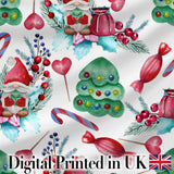 Whimsical Christmas Gnome Tree Candy Sweet Holiday Seamless Pattern Digital Print Fabric by the Metre UK Sewing Quilting Textile