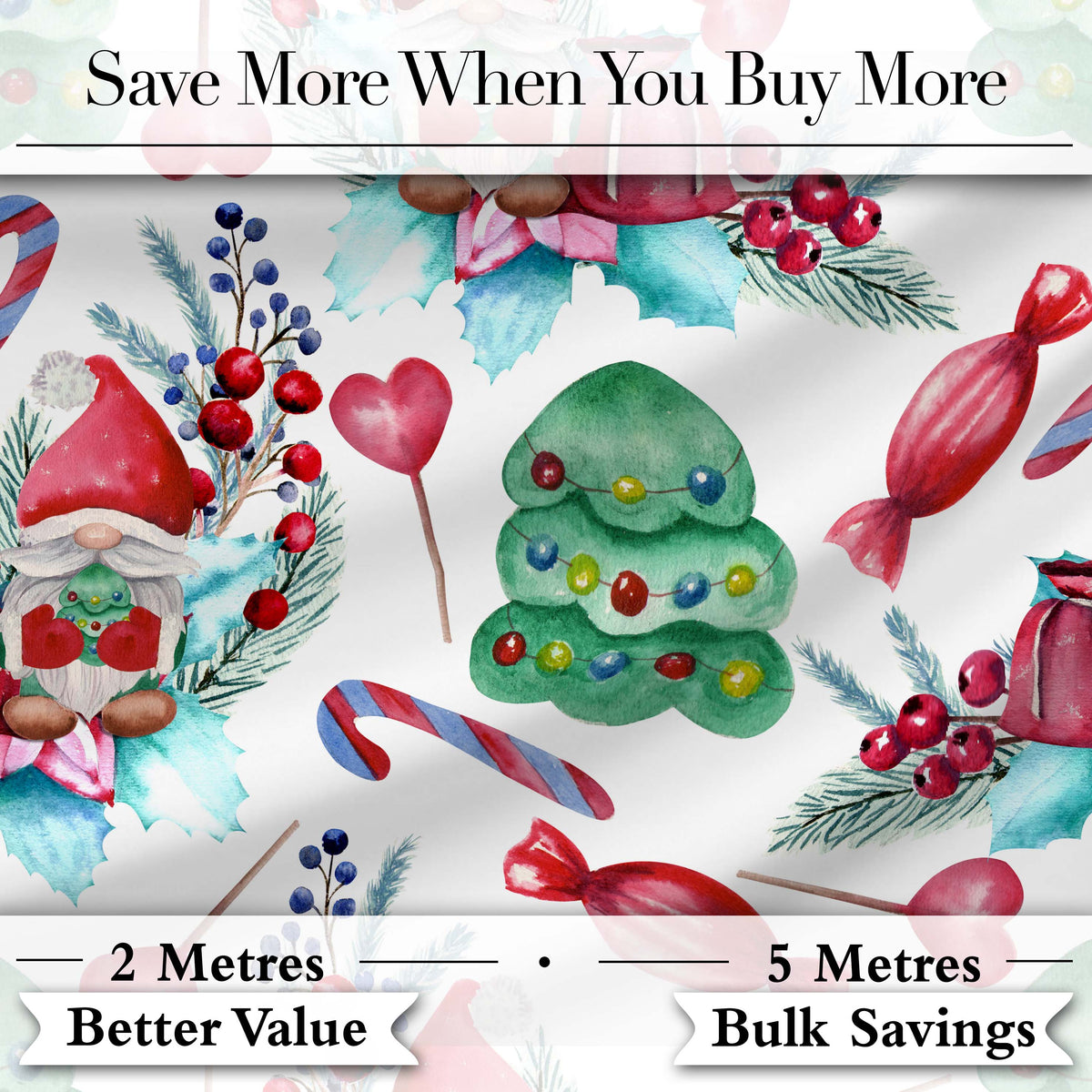 Whimsical Christmas Gnome Tree Candy Sweet Holiday Seamless Pattern Digital Print Fabric by the Metre UK Sewing Quilting Textile
