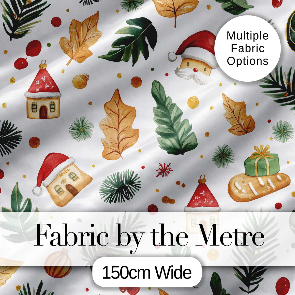 Watercolor Christmas Leaves Santa Hat House Ornament Seamless Pattern Digital Print Fabric by the Metre UK Sewing Quilting Textile