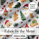 Watercolor Christmas Leaves Santa Hat House Ornament Seamless Pattern Digital Print Fabric by the Metre UK Sewing Quilting Textile
