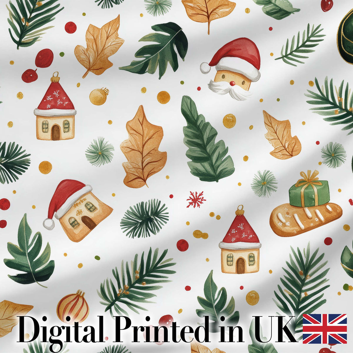 Watercolor Christmas Leaves Santa Hat House Ornament Seamless Pattern Digital Print Fabric by the Metre UK Sewing Quilting Textile