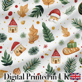 Watercolor Christmas Leaves Santa Hat House Ornament Seamless Pattern Digital Print Fabric by the Metre UK Sewing Quilting Textile