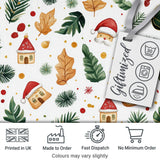 Watercolor Christmas Leaves Santa Hat House Ornament Seamless Pattern Digital Print Fabric by the Metre UK Sewing Quilting Textile