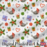 Cute Cardinal Bird Holly Gift Heart Festive Seamless Pattern Digital Print Fabric by the Metre UK Sewing Quilting Textile