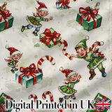 Cute Christmas Elf Gift Candy Cane Festive Seamless Pattern Digital Print Fabric by the Metre UK Sewing Quilting Textile