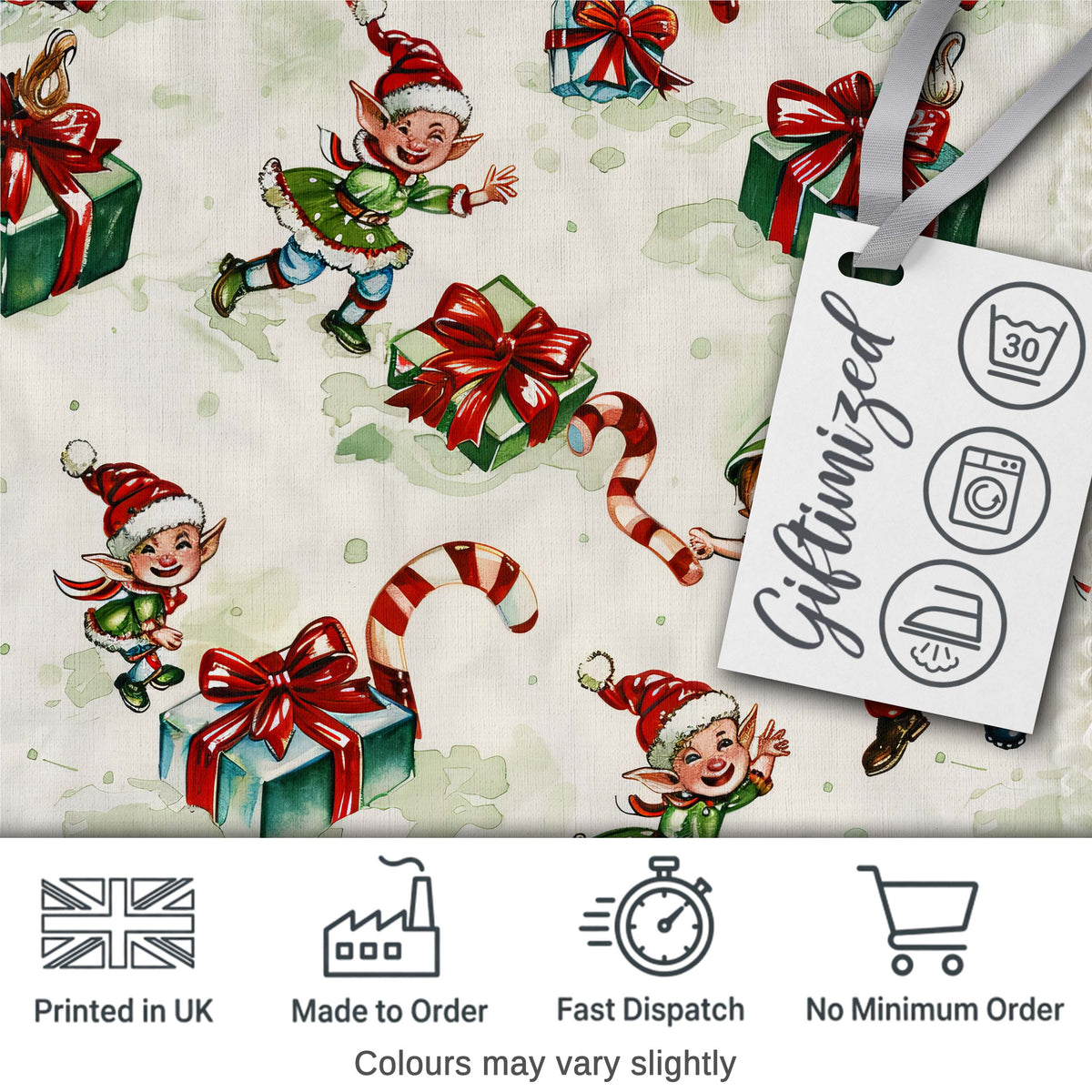 Cute Christmas Elf Gift Candy Cane Festive Seamless Pattern Digital Print Fabric by the Metre UK Sewing Quilting Textile