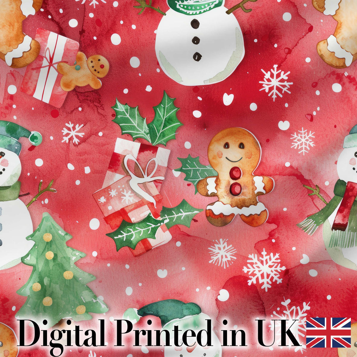 Watercolor Gingerbread Cookie Gift Holly Snowflake Christmas Seamless Pattern Digital Print Fabric by the Metre UK Sewing Quilting Textile