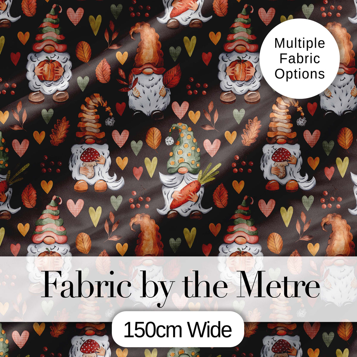 Cute Autumn Gnome Pumpkin Mushroom Leaf Heart Seamless Pattern Digital Print Fabric by the Metre UK Sewing Quilting Textile