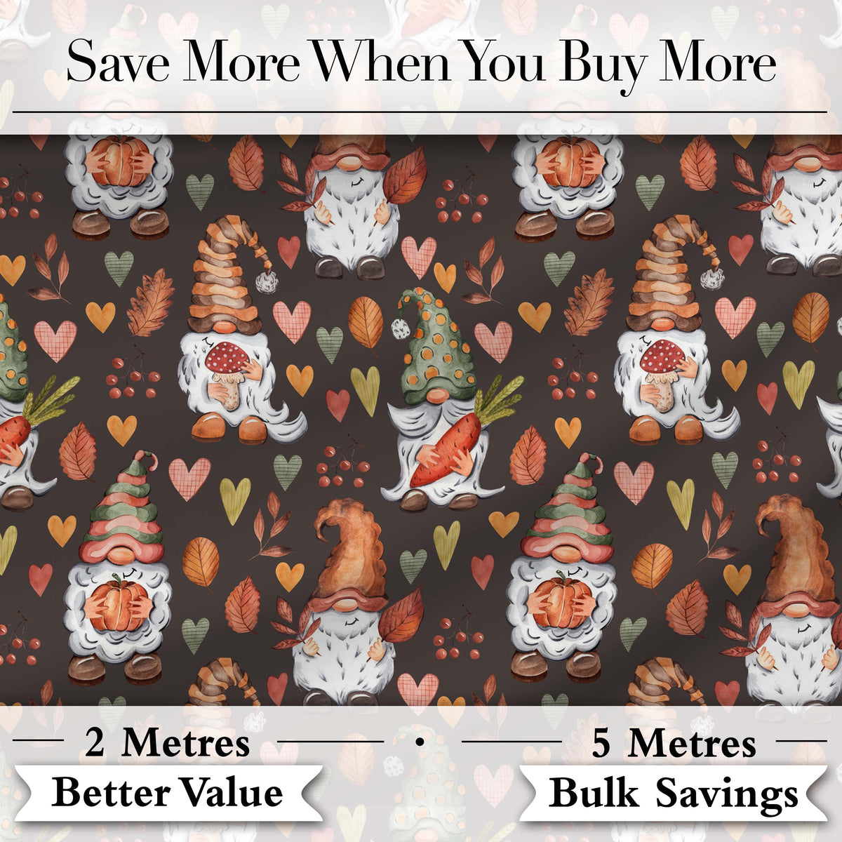Cute Autumn Gnome Pumpkin Mushroom Leaf Heart Seamless Pattern Digital Print Fabric by the Metre UK Sewing Quilting Textile