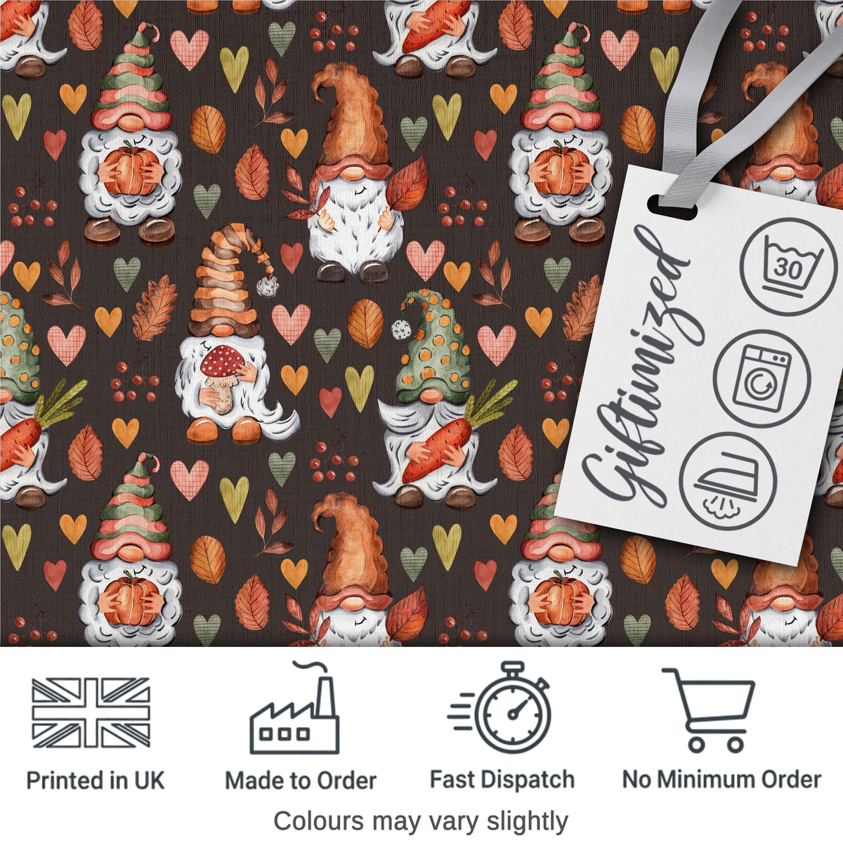 Cute Autumn Gnome Pumpkin Mushroom Leaf Heart Seamless Pattern Digital Print Fabric by the Metre UK Sewing Quilting Textile