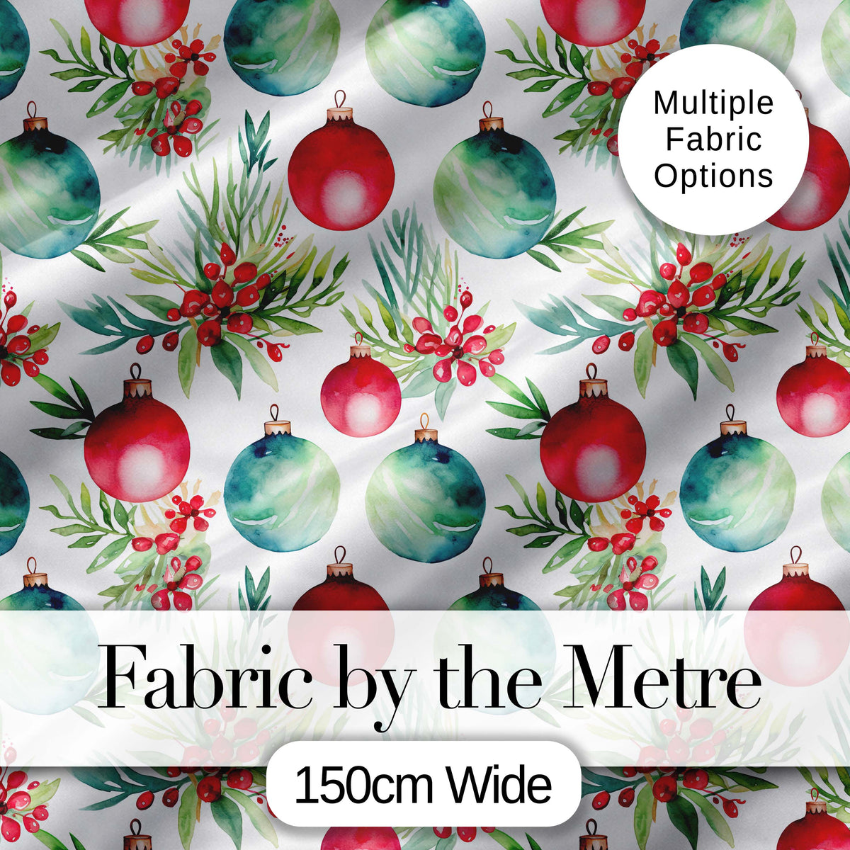 Watercolor Christmas Baubles Pine Berry Greenery Seamless Pattern Digital Print Fabric by the Metre UK Sewing Quilting Textile