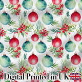 Watercolor Christmas Baubles Pine Berry Greenery Seamless Pattern Digital Print Fabric by the Metre UK Sewing Quilting Textile