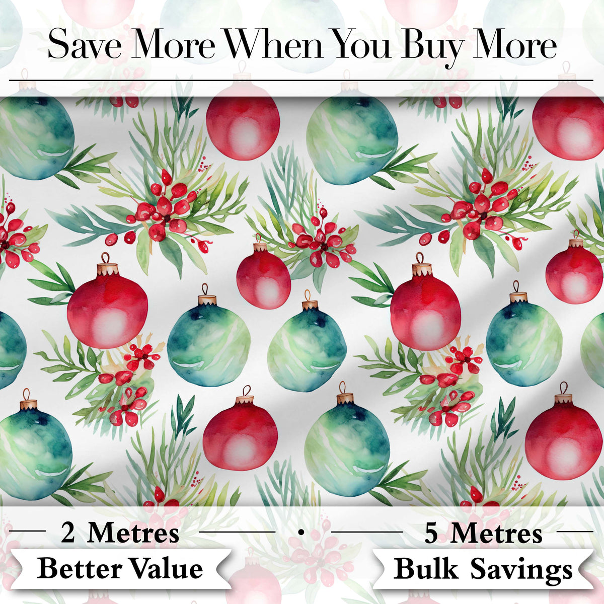 Watercolor Christmas Baubles Pine Berry Greenery Seamless Pattern Digital Print Fabric by the Metre UK Sewing Quilting Textile