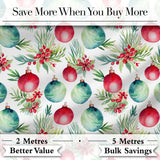 Watercolor Christmas Baubles Pine Berry Greenery Seamless Pattern Digital Print Fabric by the Metre UK Sewing Quilting Textile